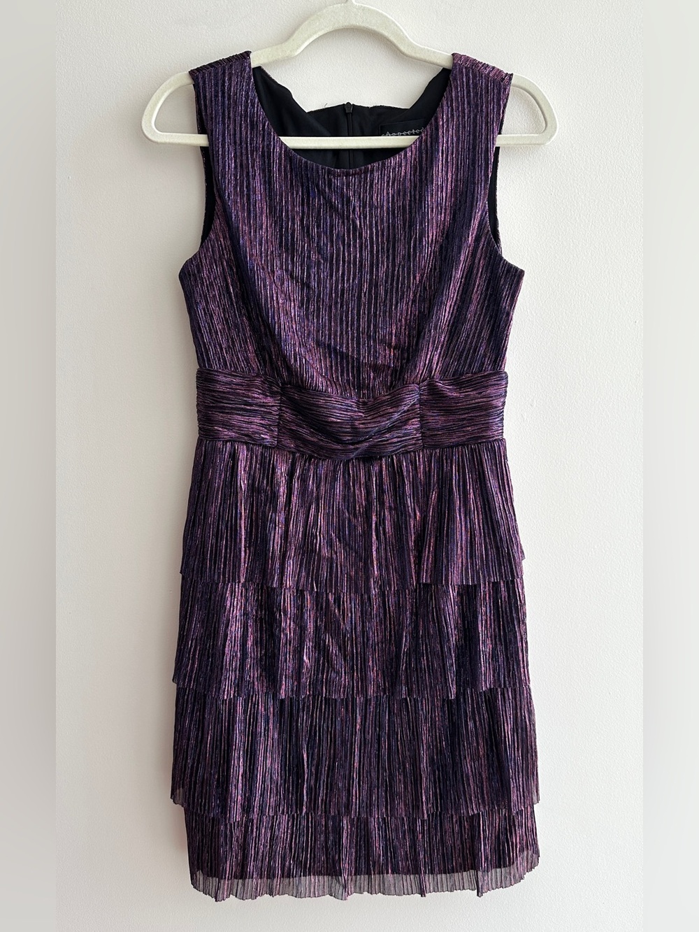 connected apparel Metallic Plissé Tiered Mini Dress, Party/Cocktail, Purple, 10P